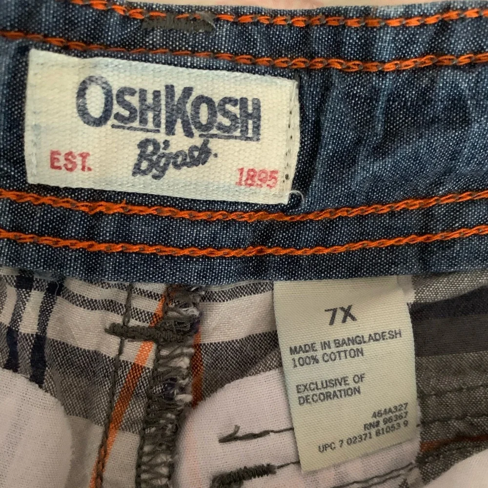 OshKosh B'Gosh Shorts Boy 7X Gray Blue Plaid Cargo Flat Front Pockets Adjustable